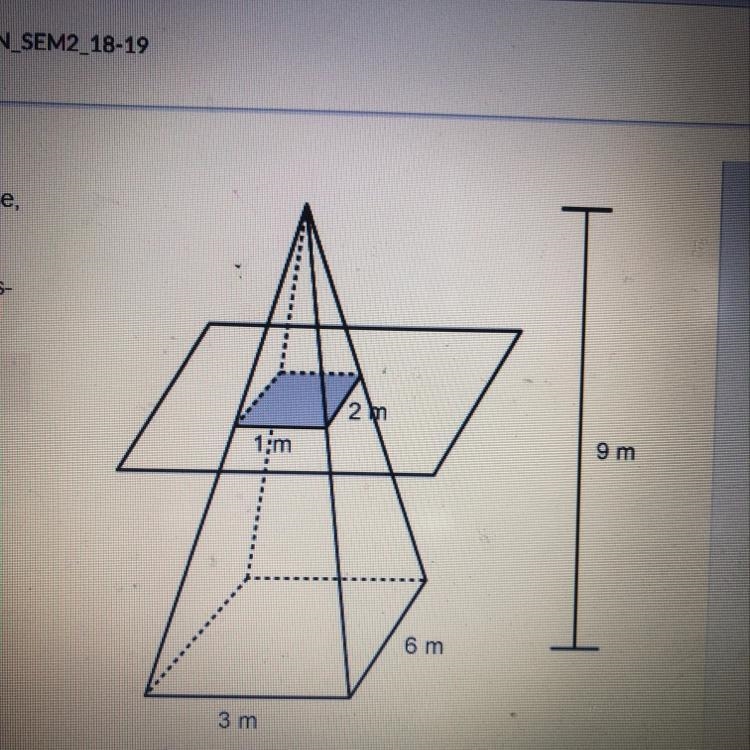 A right rectangular pyramid is sliced parallel to the base as shown. What is the area-example-1