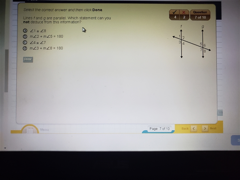 Lines f and g are parallel. Which statement can you NOT deduce from the information-example-1