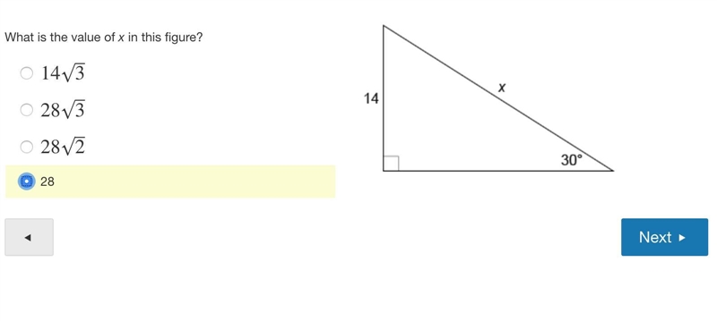 What is the value of x in this figure? 14√3 28√3 28√2 28-example-1