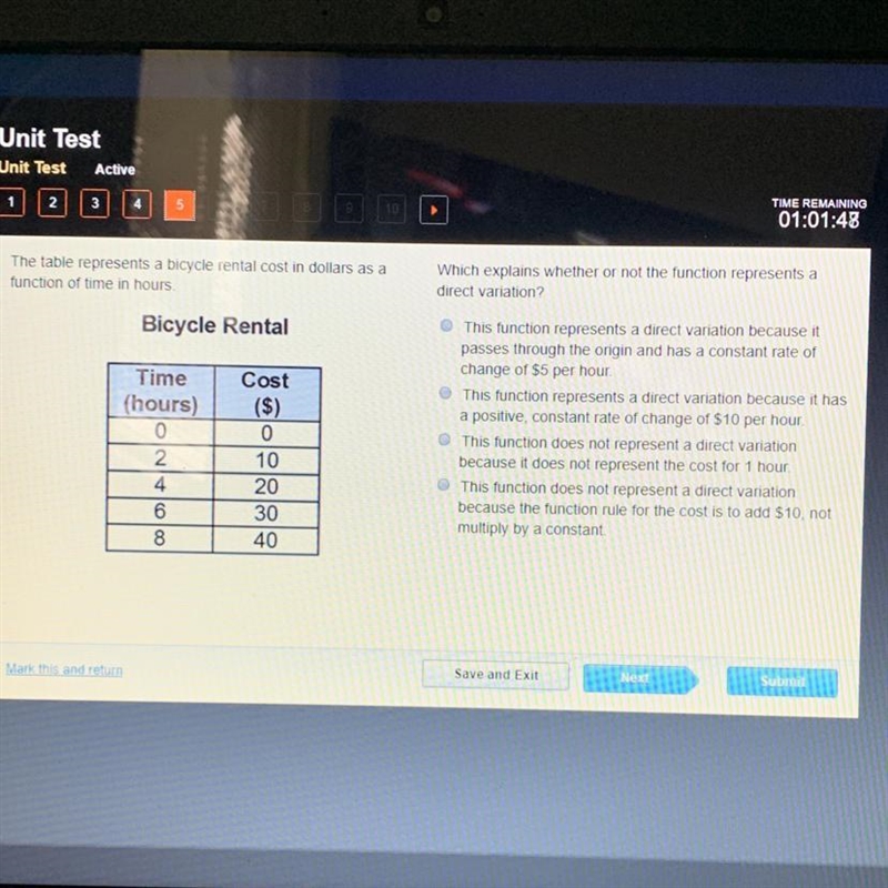 The table represents a bicycle rental cost in dollars as a function of time in hours-example-1