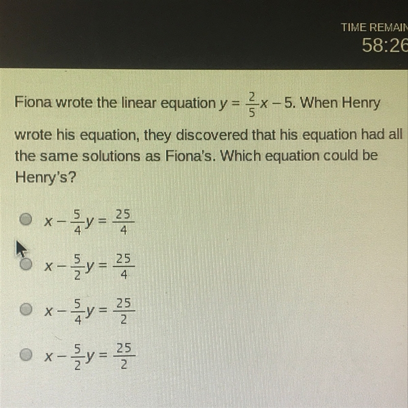 Fiona wrote the linear equation y = 2/5x -5-example-1