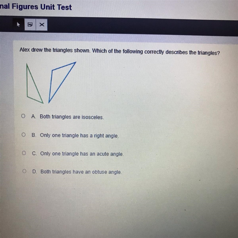 Alex drew the triangles shown. Which of the following correctly describes the triangle-example-1