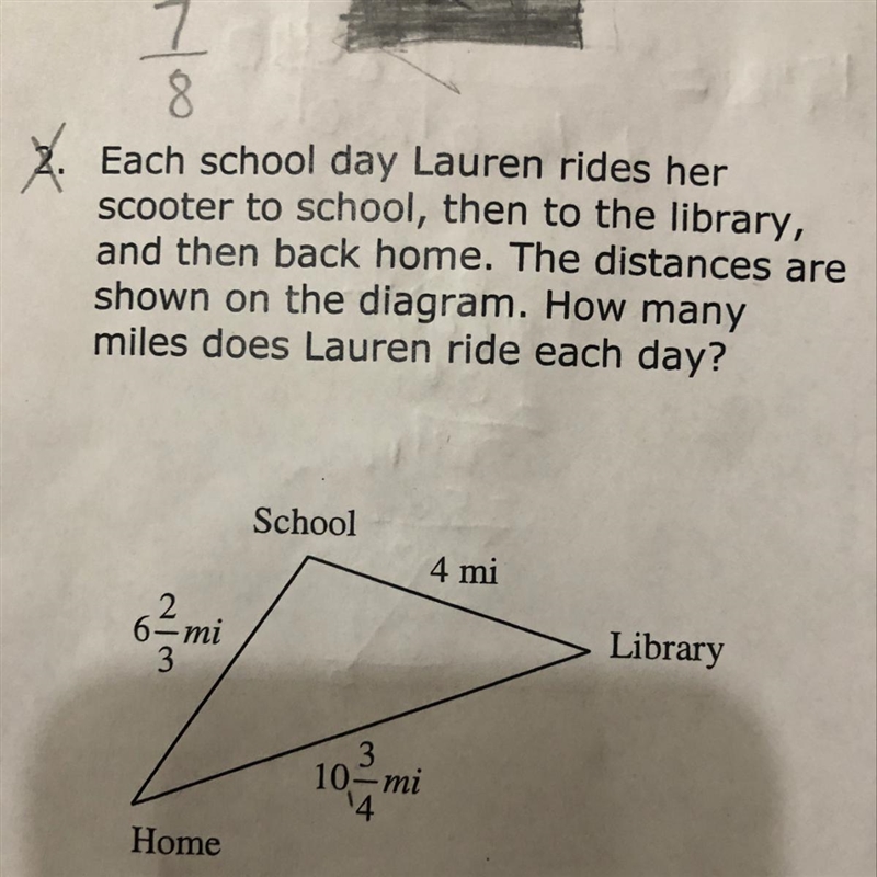 Each school day Lauren rides her scooter to school, then to the library, and then-example-1