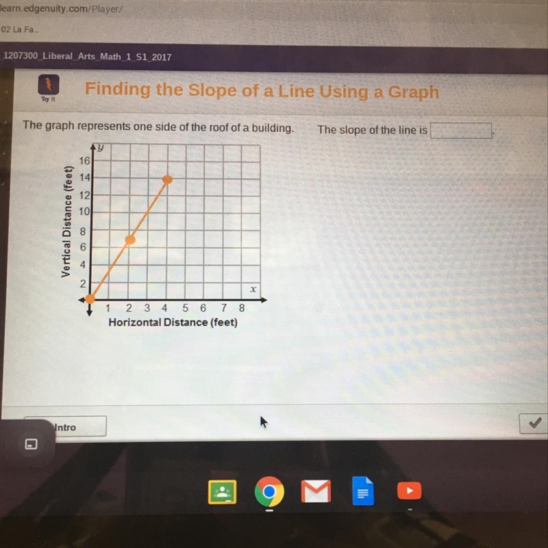 The graph represents one side of the roof of a building. The slope of the line is-example-1