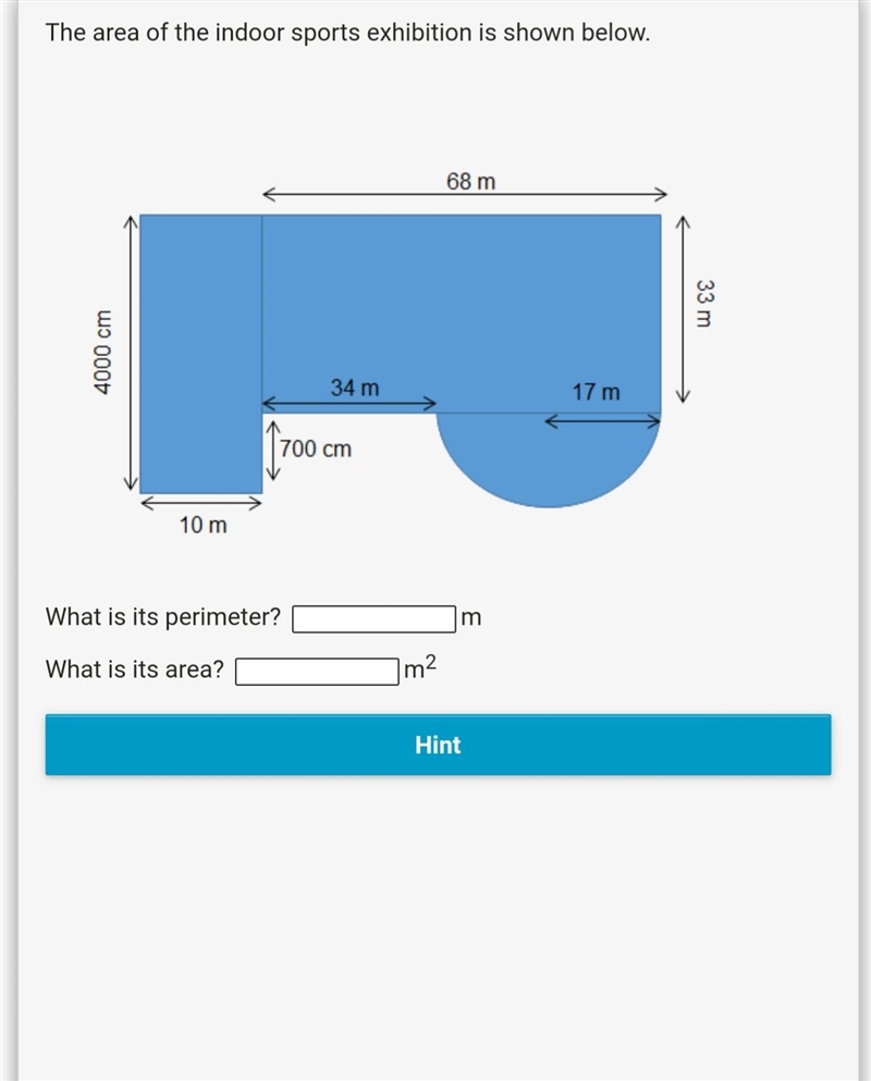 The area of the indoor sports exhibition is shown below. What is its perimeter? m-example-1