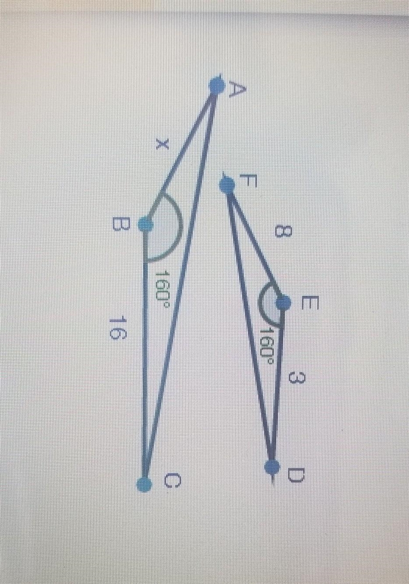 In the figure, ∆ABC ~ ∆DEF. solve for x A) x = 1.5 B) x = 6 C) x = 4 D) x = 5.5​-example-1