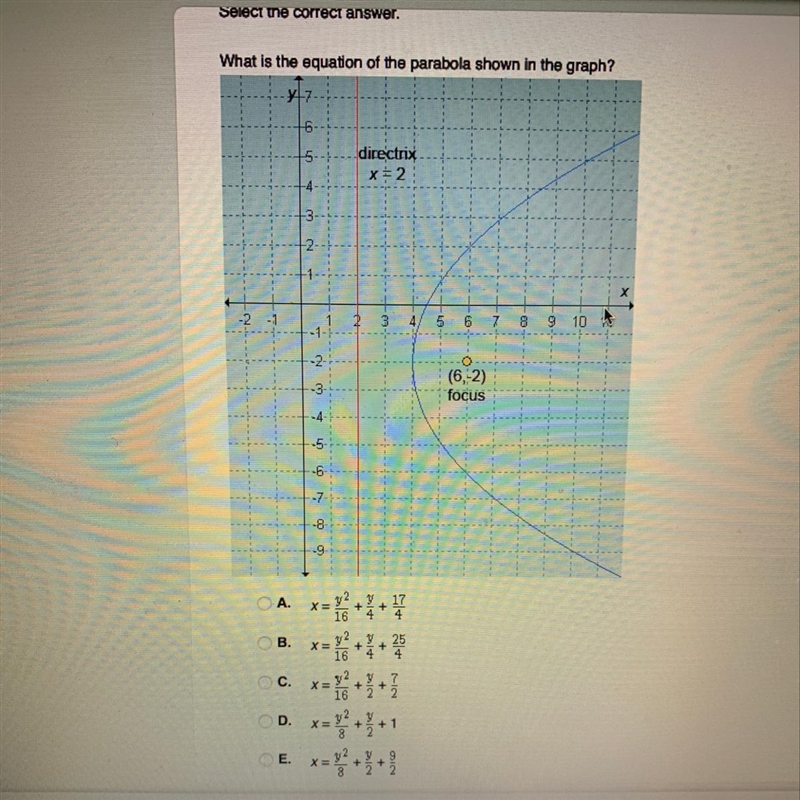 Select the correct answer. What is the equation of the parabola shown in the graph-example-1