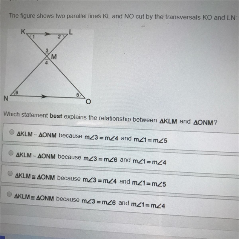 The figure shows two parallel lines KL and NO cut by the transversals KO and LN: Which-example-1