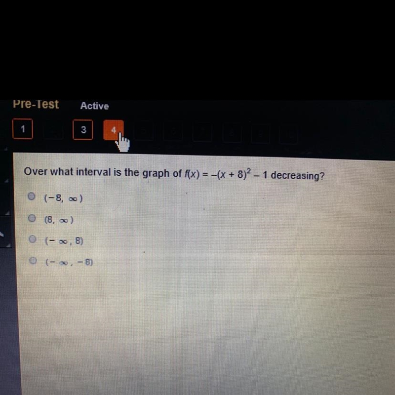 Over what interval is the graph of f(x) =-(x+8)^2-1 decreasing?-example-1