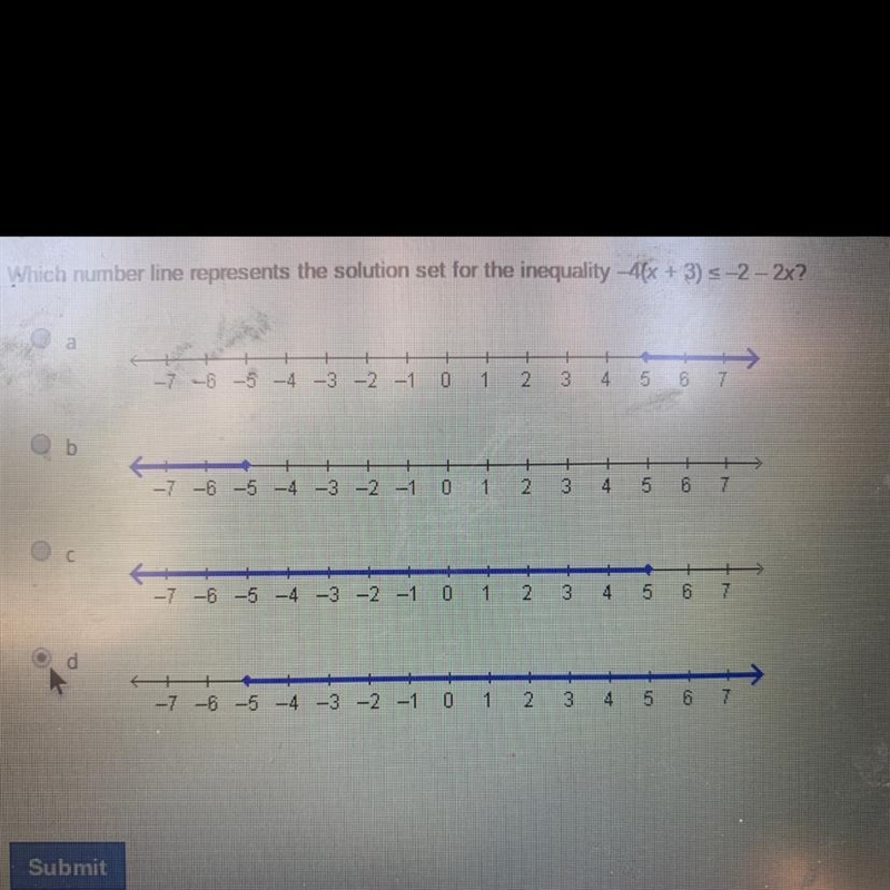 Which number line represents the solution set for the inequality -4(x+3) ≤ -2 - 2x-example-1