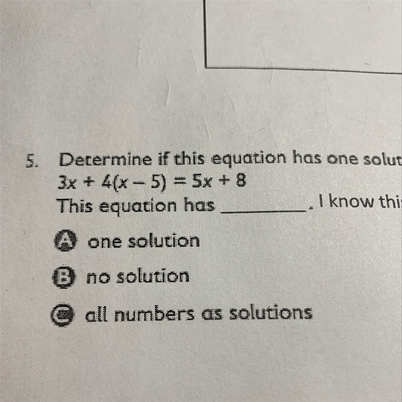 Does this equation have one solution, no solutions, or all numbers as soldiers?-example-1