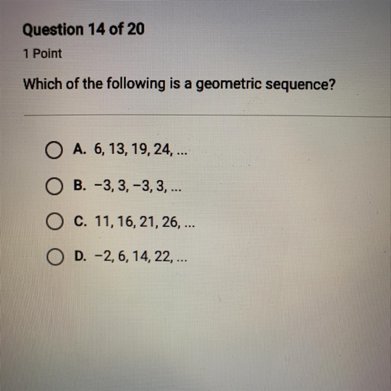 Which of the following is a geometric sequence? Help pleaseee!-example-1