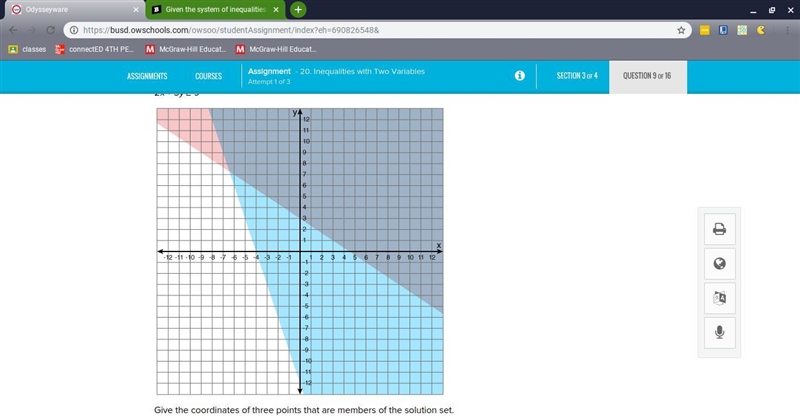 Given the system of inequalities below: -3x - y < 12 2x + 3y ≥ 9 Give the coordinates-example-1