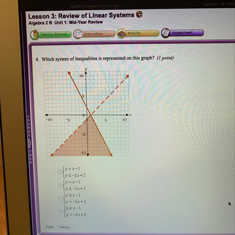 Which system of inequalities is represented on this graph?-example-1