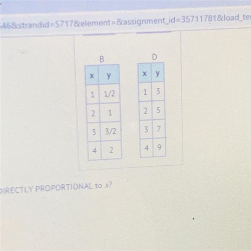 Which table shows y as DIRECTLY PROPORTIONAL to x-example-1