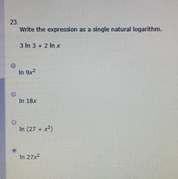 Write the expression as single natural logarithm 3 in 3 + 2 in x ? Help needed 10 points-example-1