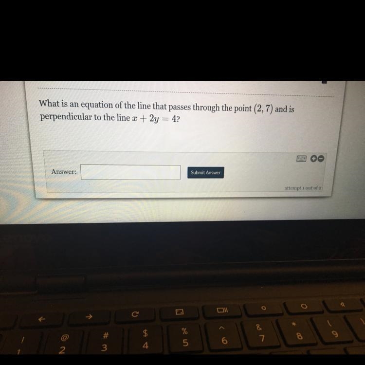 Equation of line that passes through (2,7) and is perpendicular to the line x+2y=4?-example-1