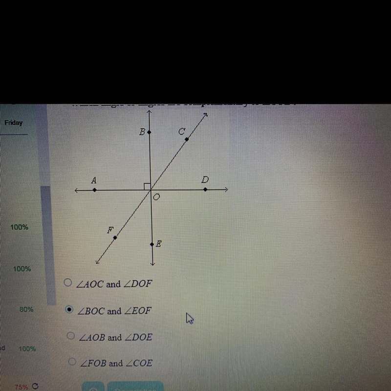 Which angle or angles are complementary to COD?-example-1