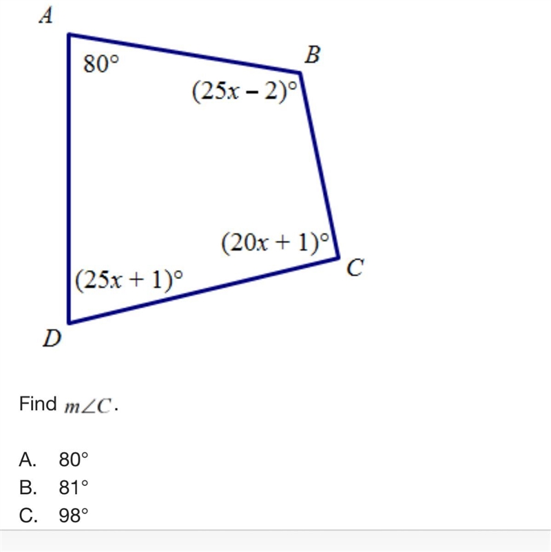 Find the measure of angle C A.80 B.81 C.98 D.101-example-1