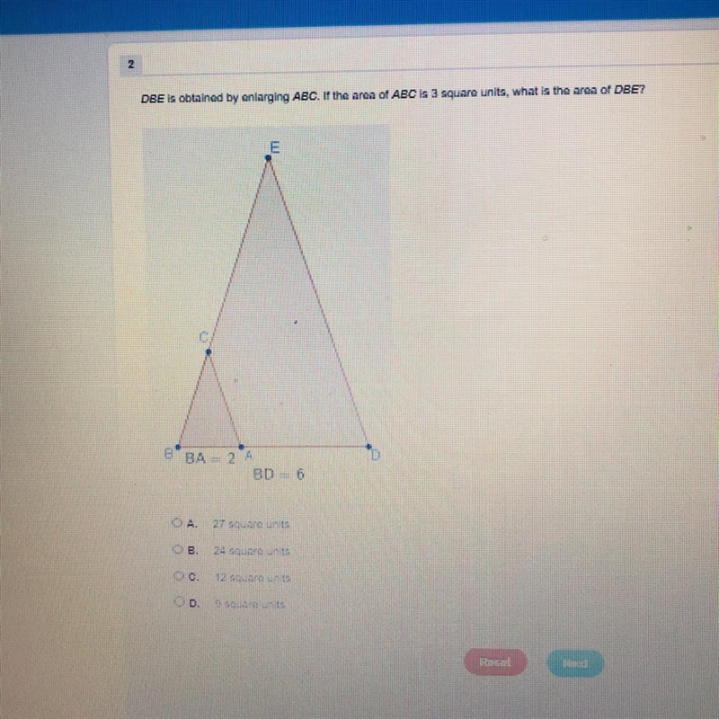 DBE is obtained by enlarging ABC. If the area of ABC is 3 square units, what is the-example-1