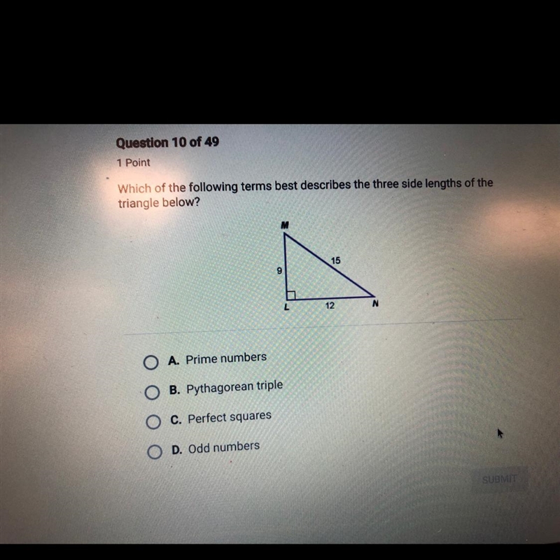 Which of the following terms best describes the three side lengths of the triangle-example-1