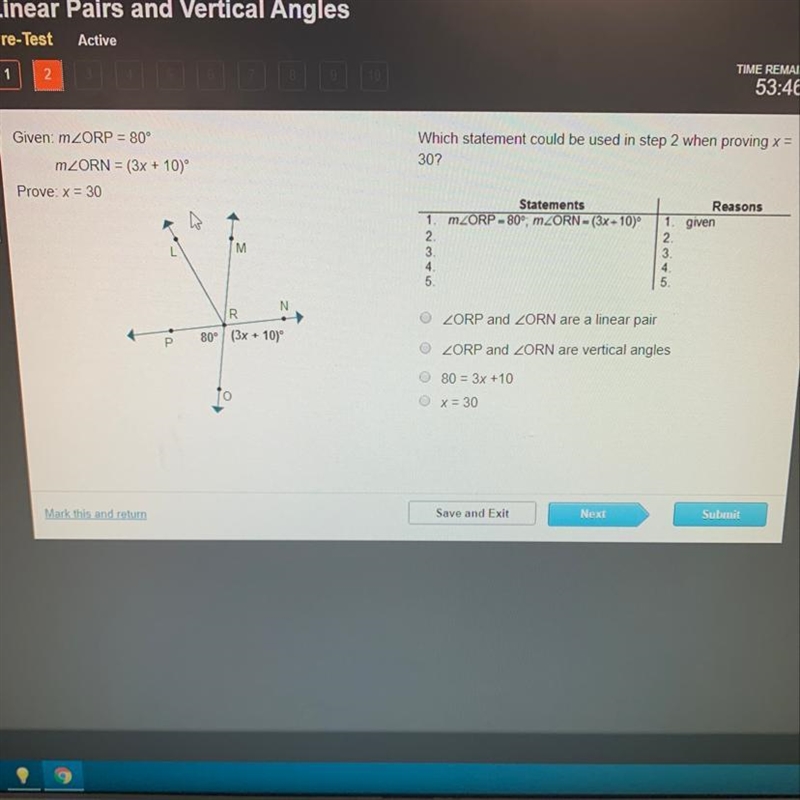 Which statement could be used in step 2 when proving x = 30-example-1