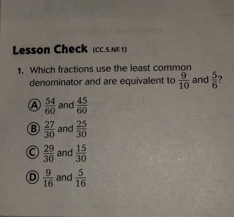 Which fractions use the least common denominator and are equivalent to 9/10 and 5/6-example-1