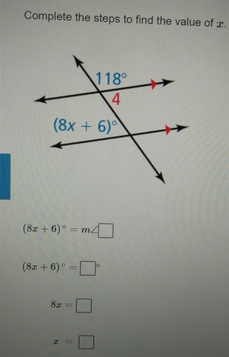 HELP needed!! Completely the steps to find the value of x in the angle?​-example-1