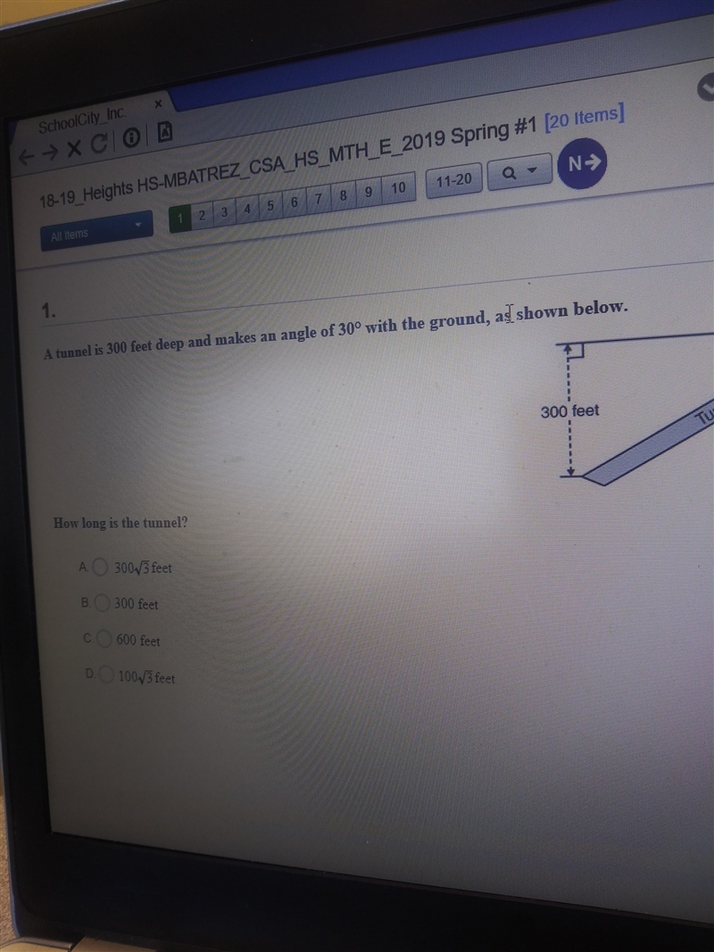 A tunnel is 300 feet deep and makes an angle of 30 with the ground . A.300√3 feet-example-1