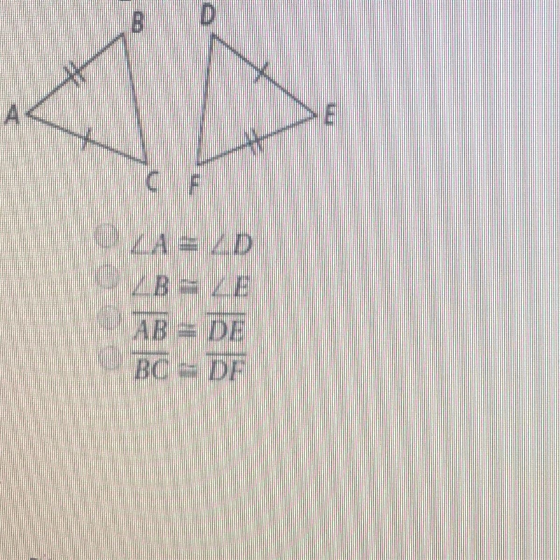 The triangles below are congruent which if the following statements must be true ?-example-1