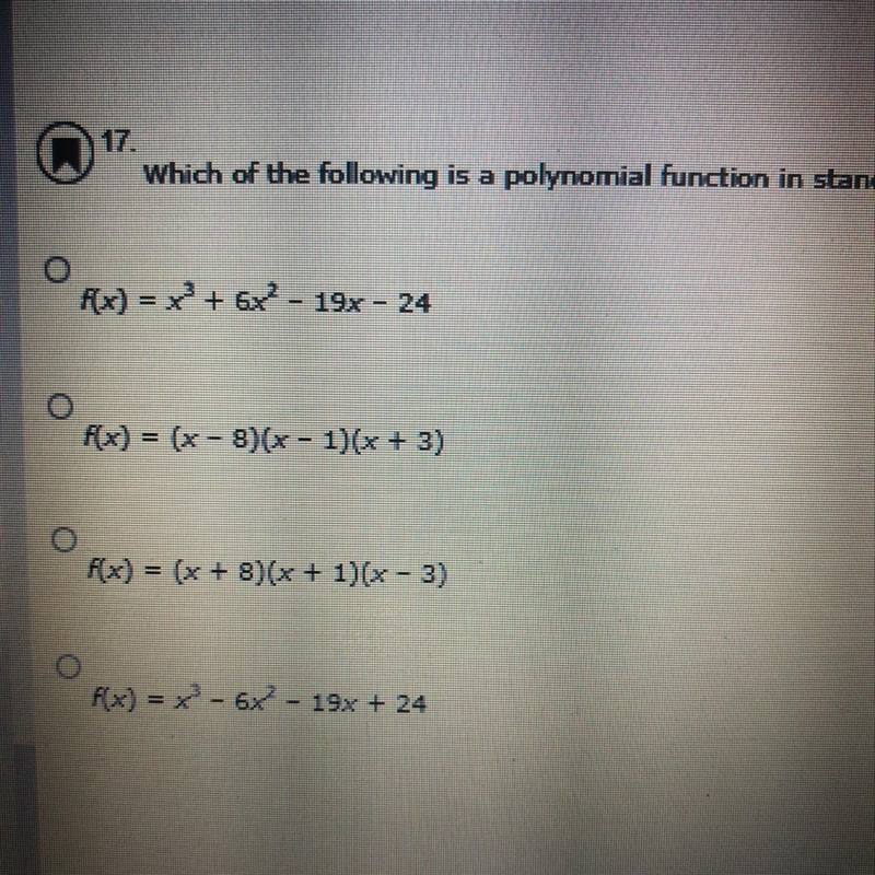 Which of the following is a polynomial function in standard form with zeros at -8, -1, and-example-1