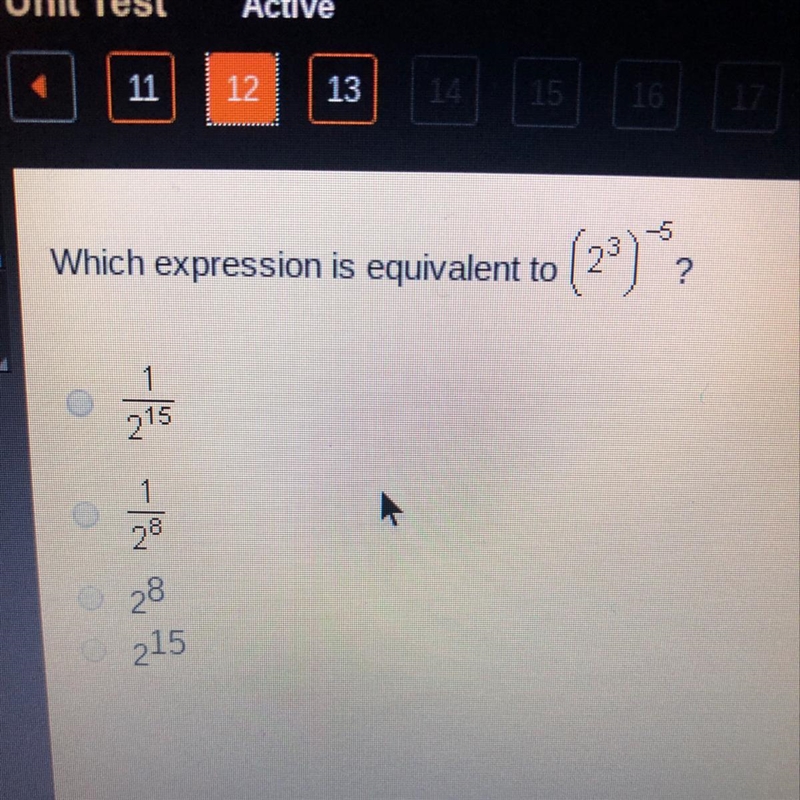 Which expression is equivalent to (2^3)^-5-example-1