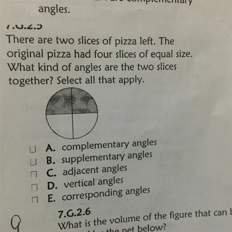 There are two slices of pizza left. The original pizza had four slices of equal size-example-1