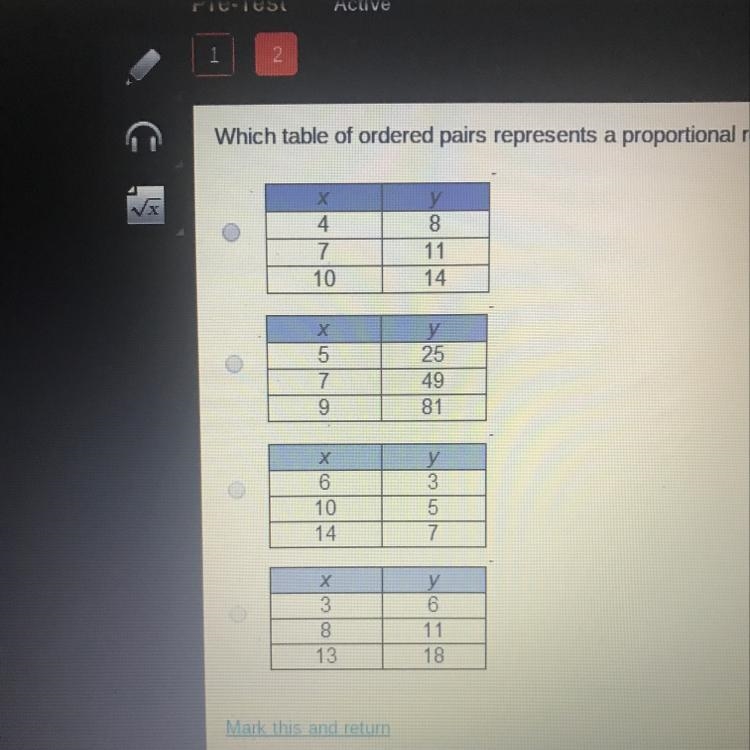 Which table of ordered pairs represents a proportional relationship?-example-1