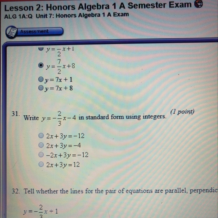 ***I NEED HELP*** write y = -2/3x -4 in standard form using integers-example-1