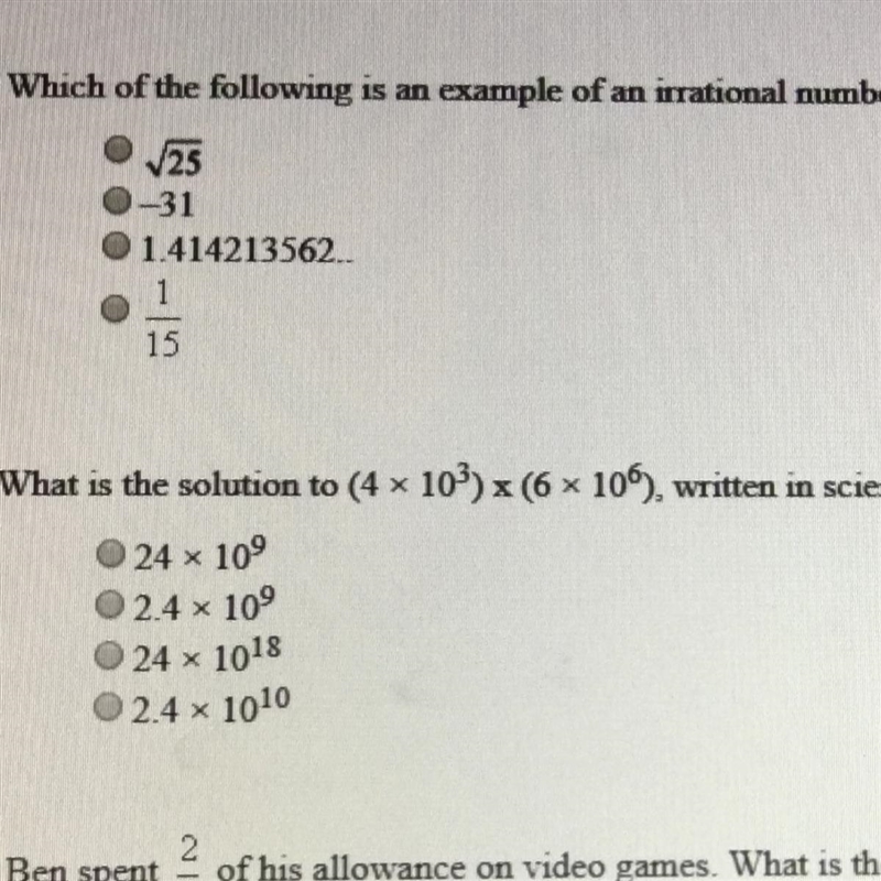 Which of the following is an example of an irrational number (it’s the first question-example-1