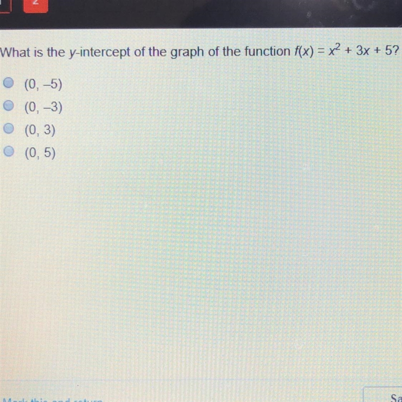 What is the y-intercept of the graph of the function f(x)=x^2+3x+5?-example-1