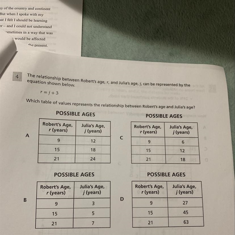 Which table of values represents the relationship between Roberts age and Julia’s-example-1