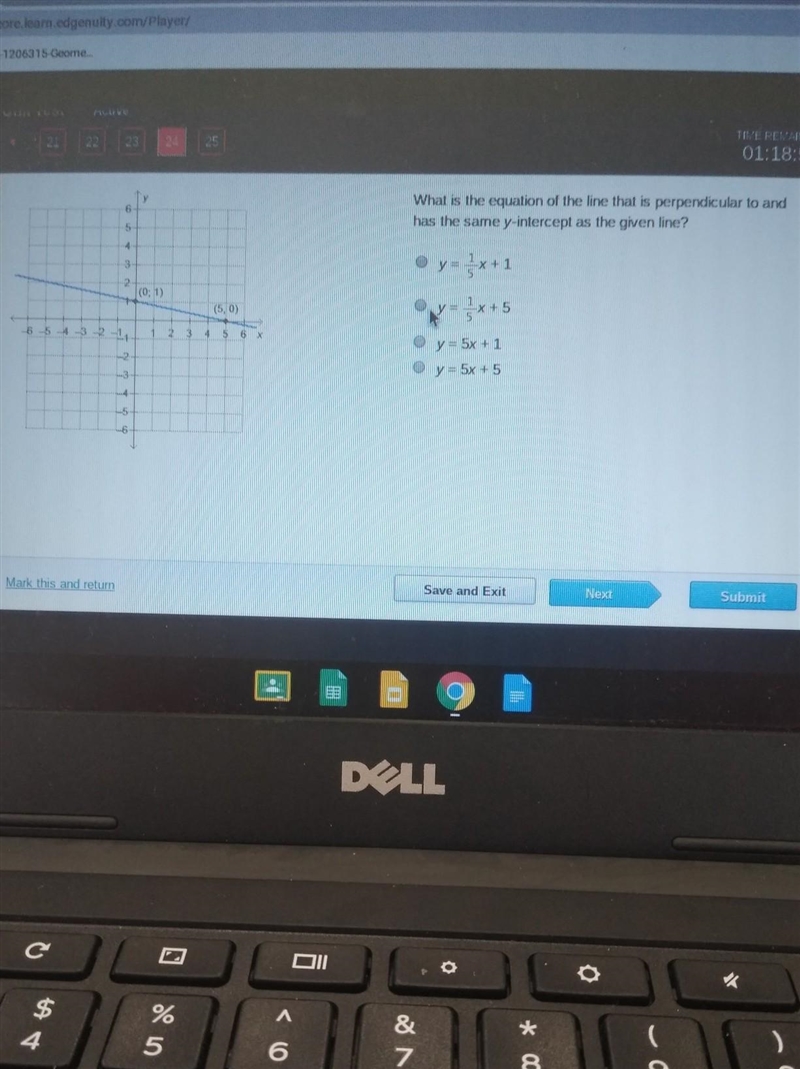 what is the equation of the line that is perpendicular to and has the same y intercept-example-1