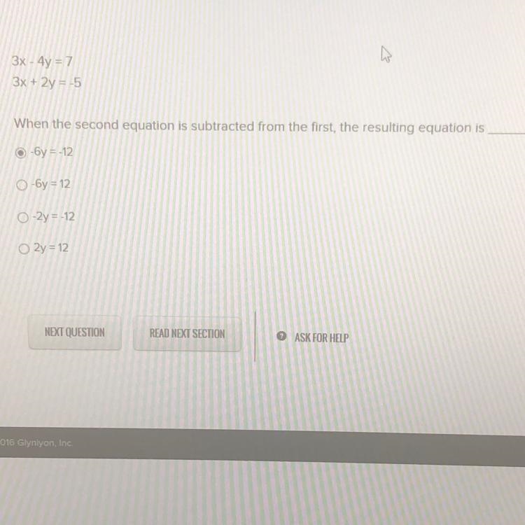 Is the answer A.-6y=- 12 B.-6y=12 C. -2y=-12 D.2y=12-example-1