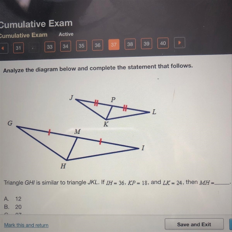 Help please !! triangle GHI is similar to triangle JKL. If IH=36, KP=18, and LK=24, then-example-1