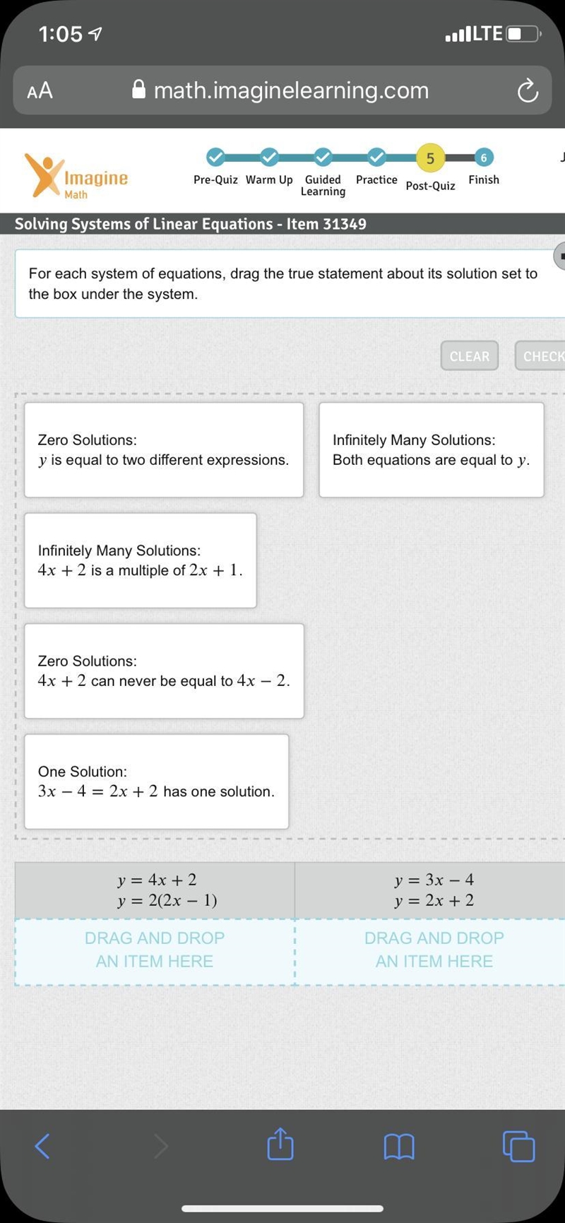 For each system of equations, drag the true statement about its solution set to the-example-1