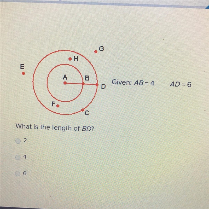 Given: AB= 4 AD= 6 What is the length of BD? 2 4 6-example-1