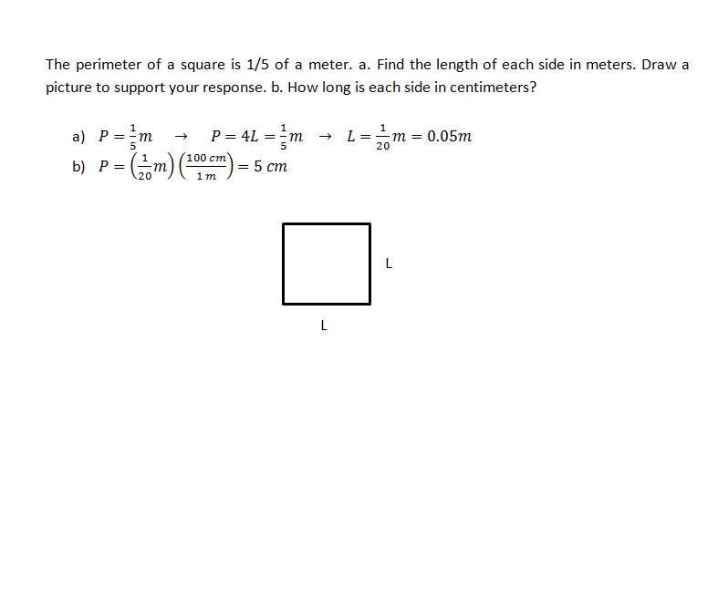 The perimeter of a square is 1/5 of a meter. a. Find the length of each side in meters-example-1