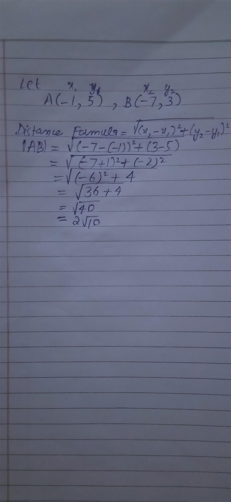 Find the distance between the points (-1,5) and (-7,3)-example-1