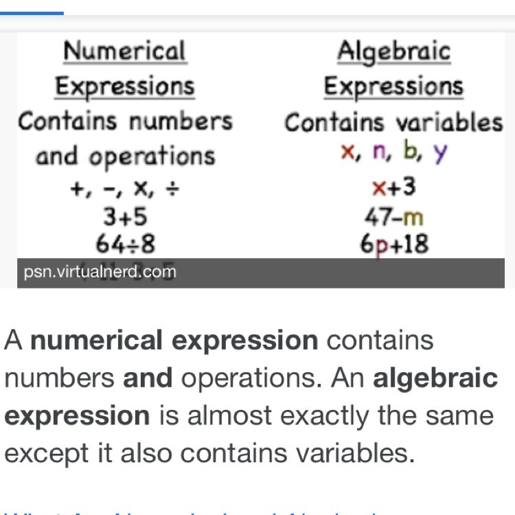 PLEASE HELP ME there’s a photo: What is the difference between a numerical expression-example-1