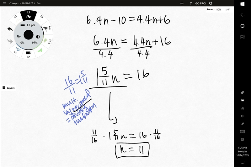 What is the answer to 6.4n-10=4.4n+6-example-1