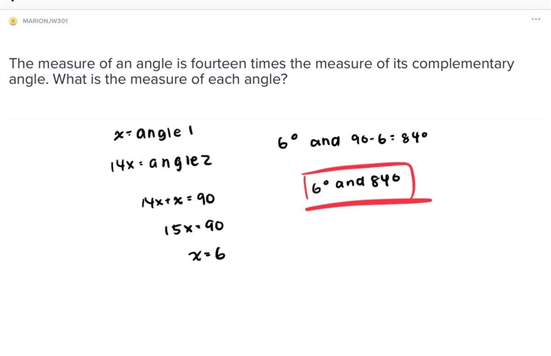 The measure of an angle is fourteen times the measure of its complementary angle. What-example-1