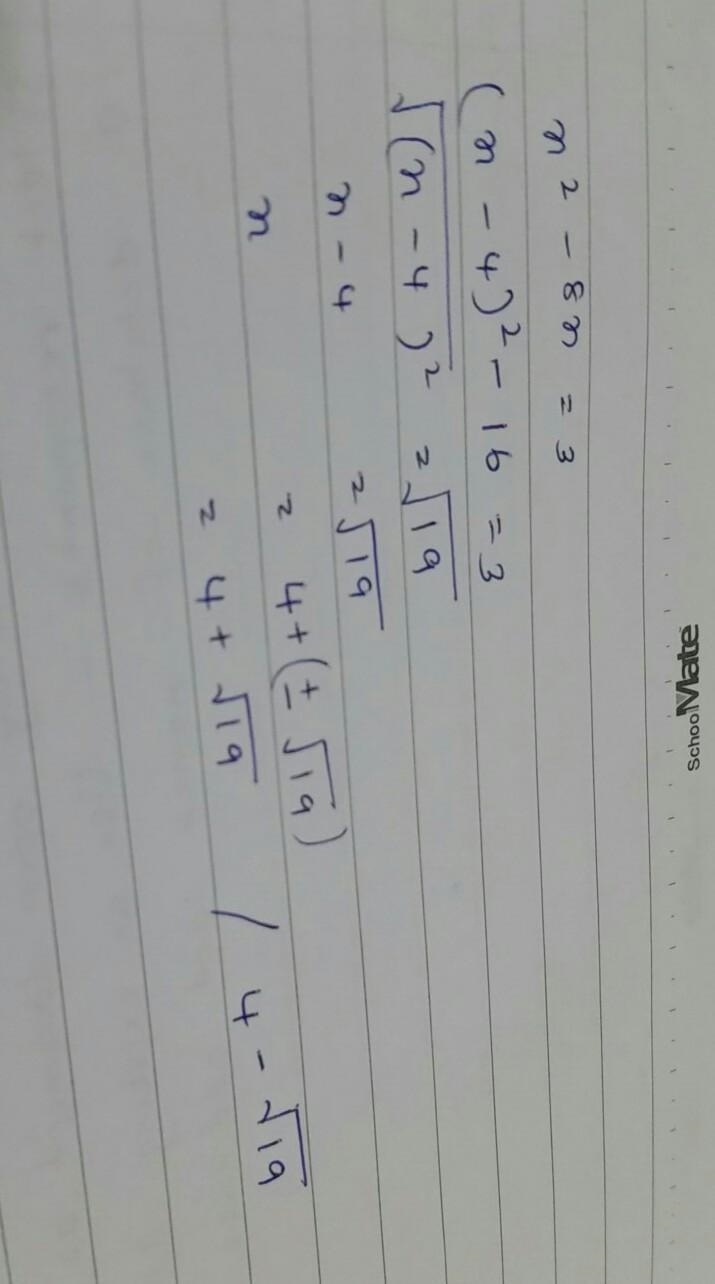 Solve x^2 - 8x = 3 by completing the square. Which is the solution set of the equation-example-1