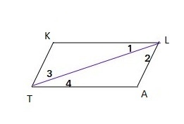 Given: quadrilateral TALK is a parallelogram. Prove: TA congruent LK and AL congruent-example-1